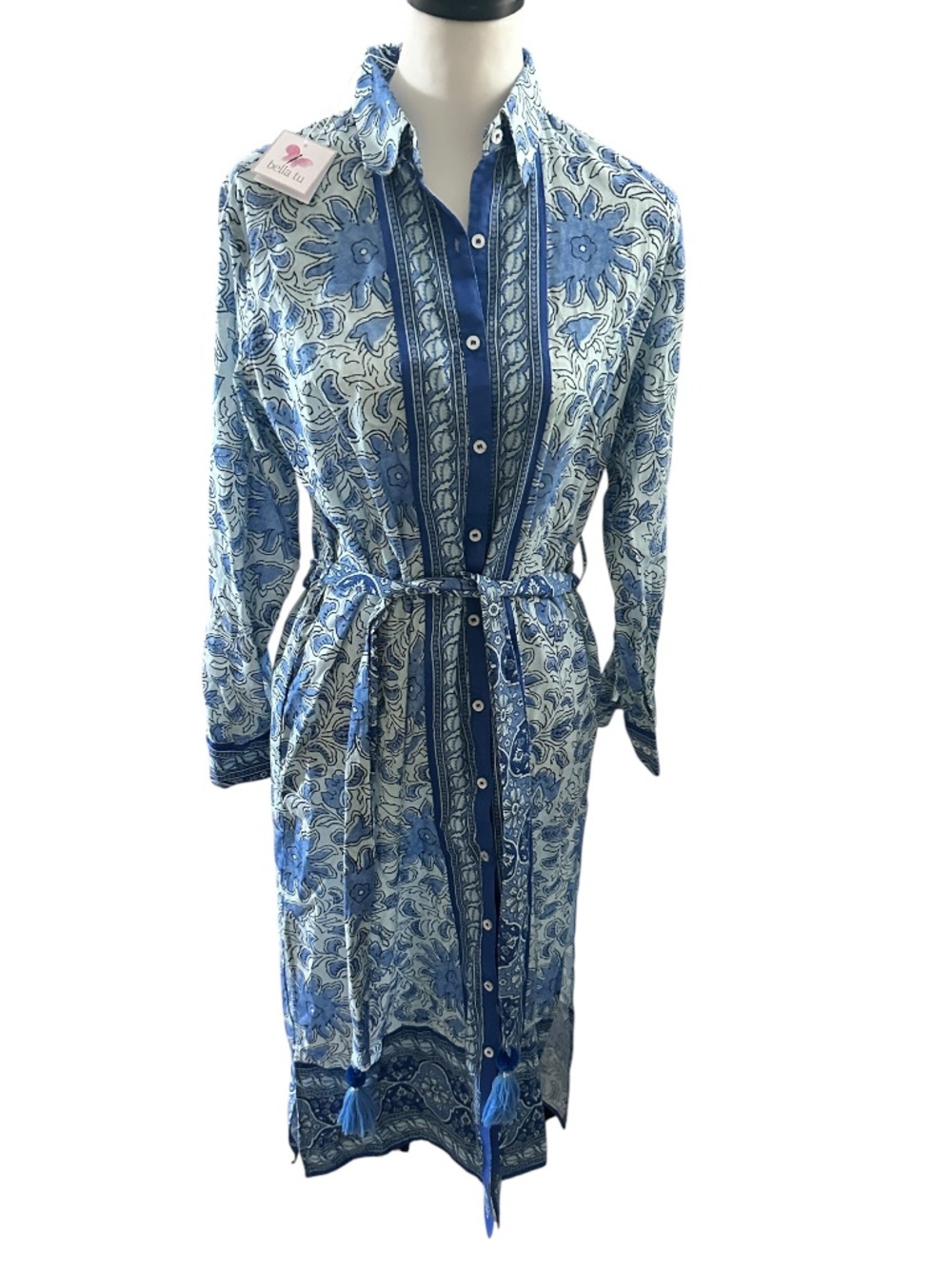 NWT Bella Tu Blue/White Floral Block Print Button Belted Maxi Shirtdress LARGE